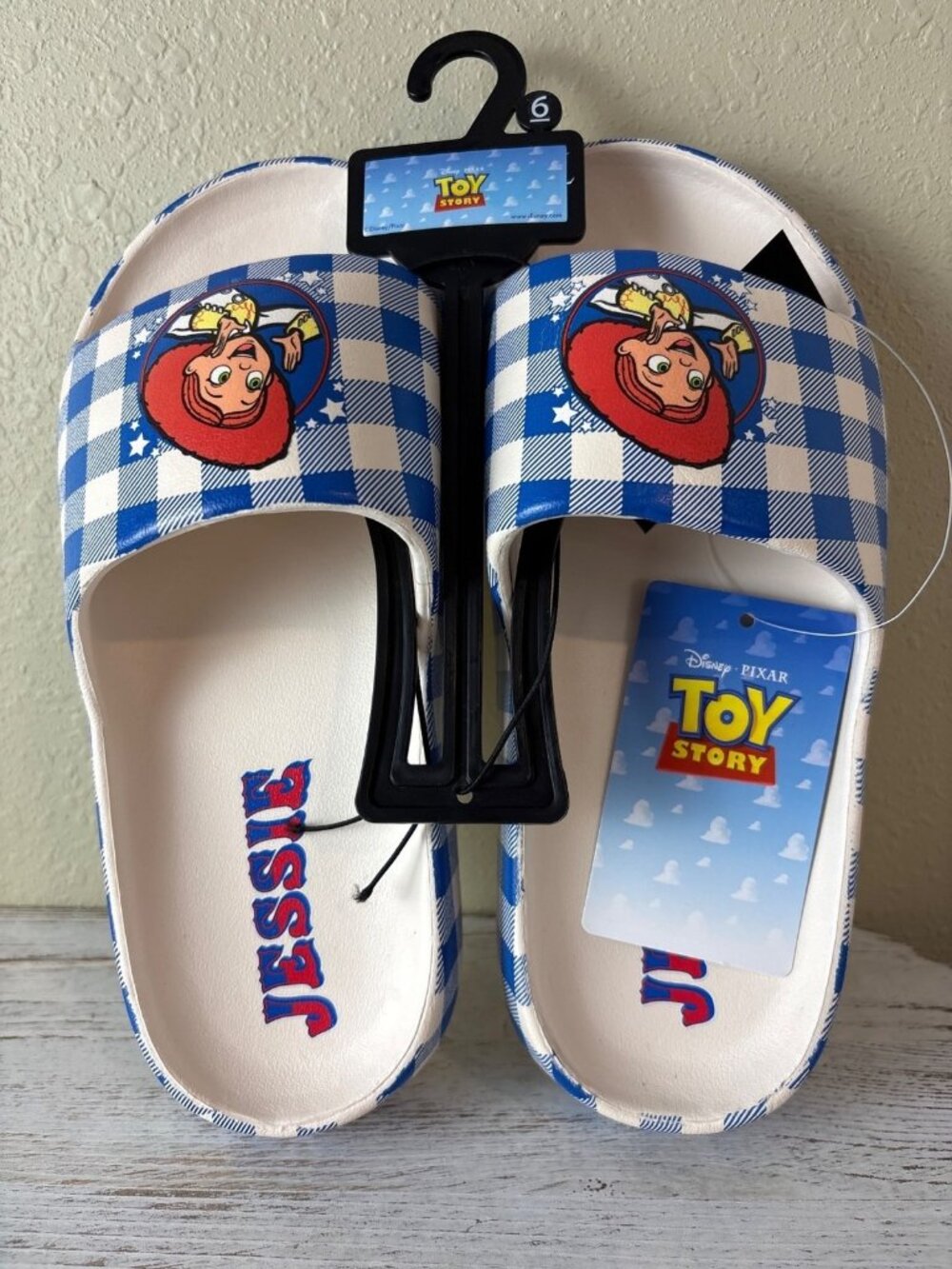 Disney Pixar Toy Story Jessie Blue Checkered Womens Shoes Slides Size 6